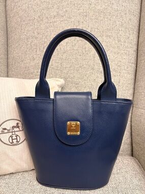 MCM Navy Leather Top-Handle Tote with Gold Plaque